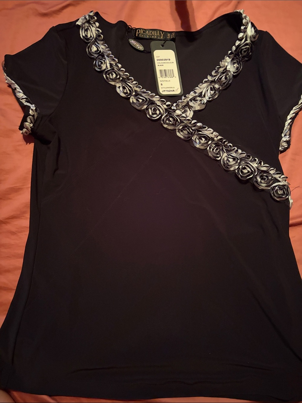 Picadilly Fashion Small Black Short Sleeve Top with Rolled Floral Trim size smal